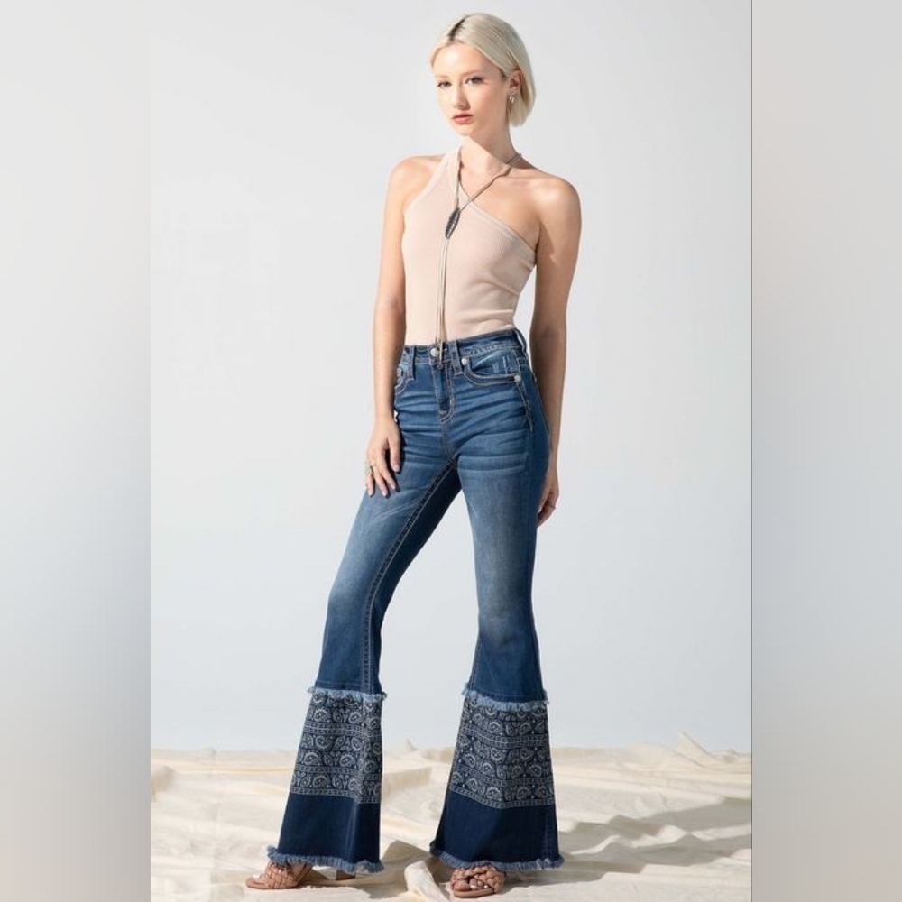 Miss Me Blue Flare Jeans with Patterned Hem - Picture 3 of 7